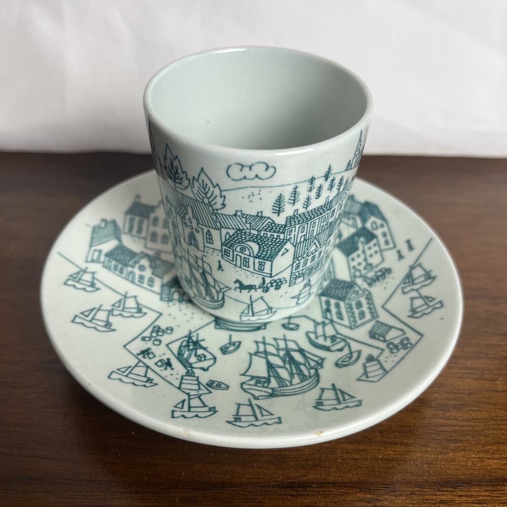 Vtg ‘60s Nymolle Art Faience Denmark Cup & Saucer Set Ceramic by Paul Hoyrup Sea